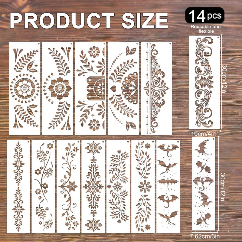 Keluna Border Stencils for Painting - 14 Pcs Reusable Mexican Talavera Flower Crafts Templates Floral Leaf Dragon Stencils for Painting on Wood Wall DIY Art Craft Canvas Fabric Home Décor - Image 3